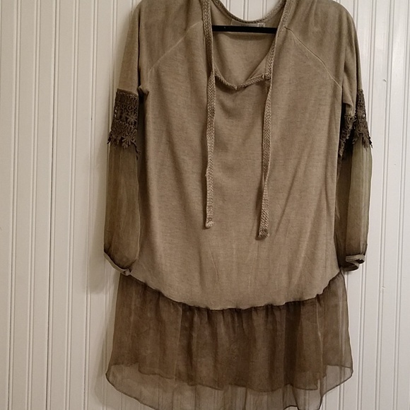 easel Tops - Soft tan tunic w/ cotton woven tie detail at nec easel Tops - Soft tan tunic w/ cotton woven tie detail at nec